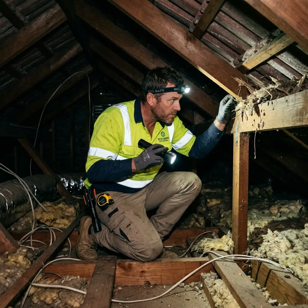 Technician inspecting a roof cavity for a dead animal in Darley