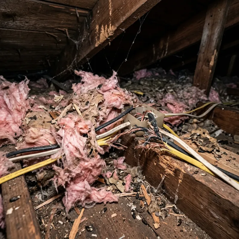 Contaminated ceiling insulation being assessed in a Darley roof space