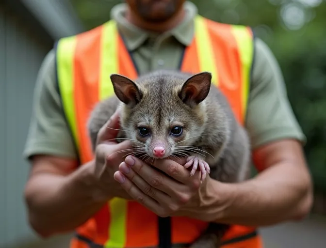 Animal handler safely recovering a deceased possum in Darley