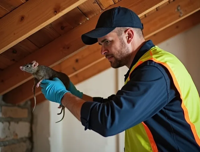 Technician inspecting a roof cavity for a dead rat in Darley